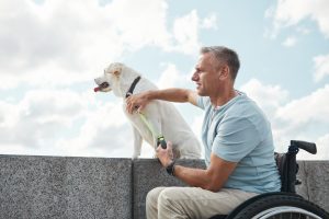 Smiling Man in Wheelchair against Sky