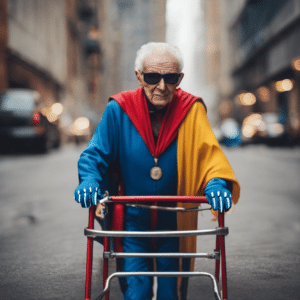 How to use a walking frame article-Man dressed in Superhero costume